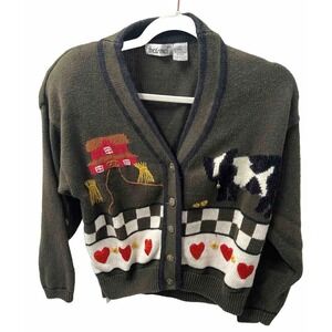 Vtg Cardigan Sweater Button Cropped That's Me! Size Large Green Barn Cow Hearts